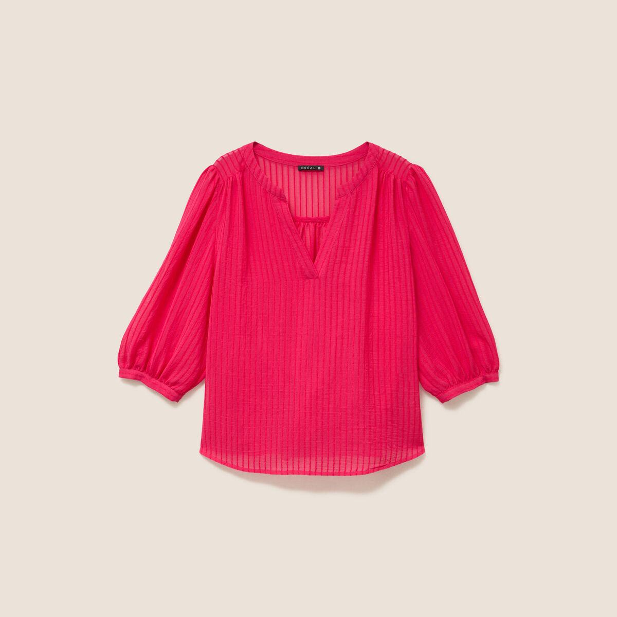 Blouse ample col tunisien manches 3/4 rose fushia femme