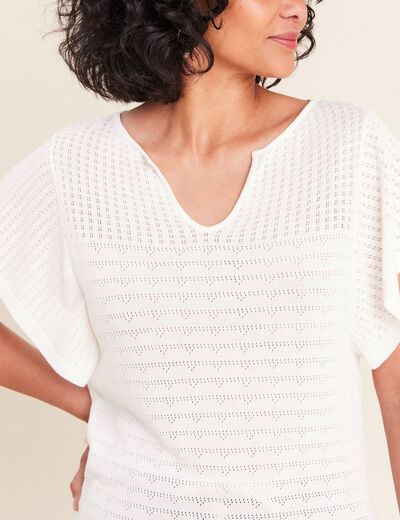 Pull col tunisien manches courtes ecru femme