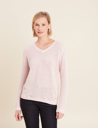 Pull manches longues col en V rose clair femme
