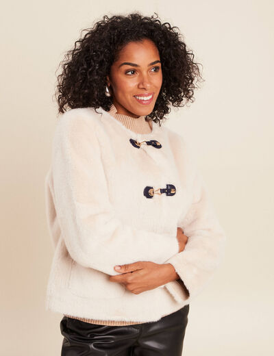 Manteau sans col en fausse fourrure ivoire femme