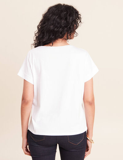 T-shirt col rond manches courtes brod&eacute; blanc femme