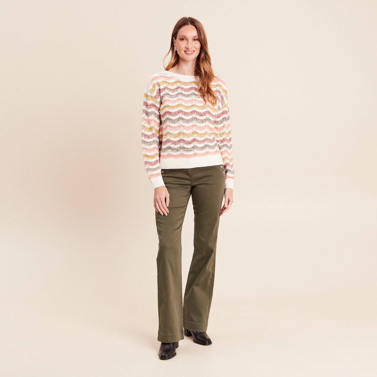 Pull col bateau manches longues vert femme