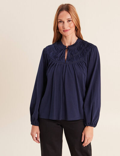 Blouse col tunisien manches longues bleu marine femme