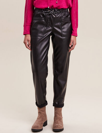 Pantalon paperbag simili cuir noir femme