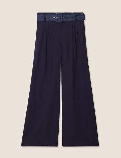 Pantalon large ceinturé bleu foncé femme