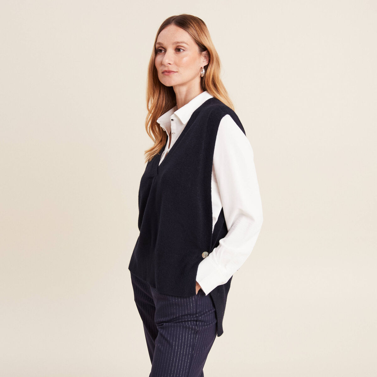 Pull sans manches bleu foncé femme