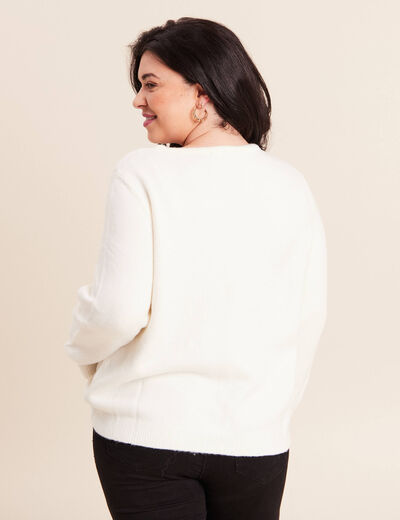 Pull brod&eacute; col rond manches longues ecru femme