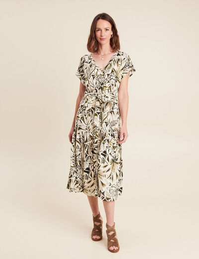 robe longue évasée col v manches courtes vert femme