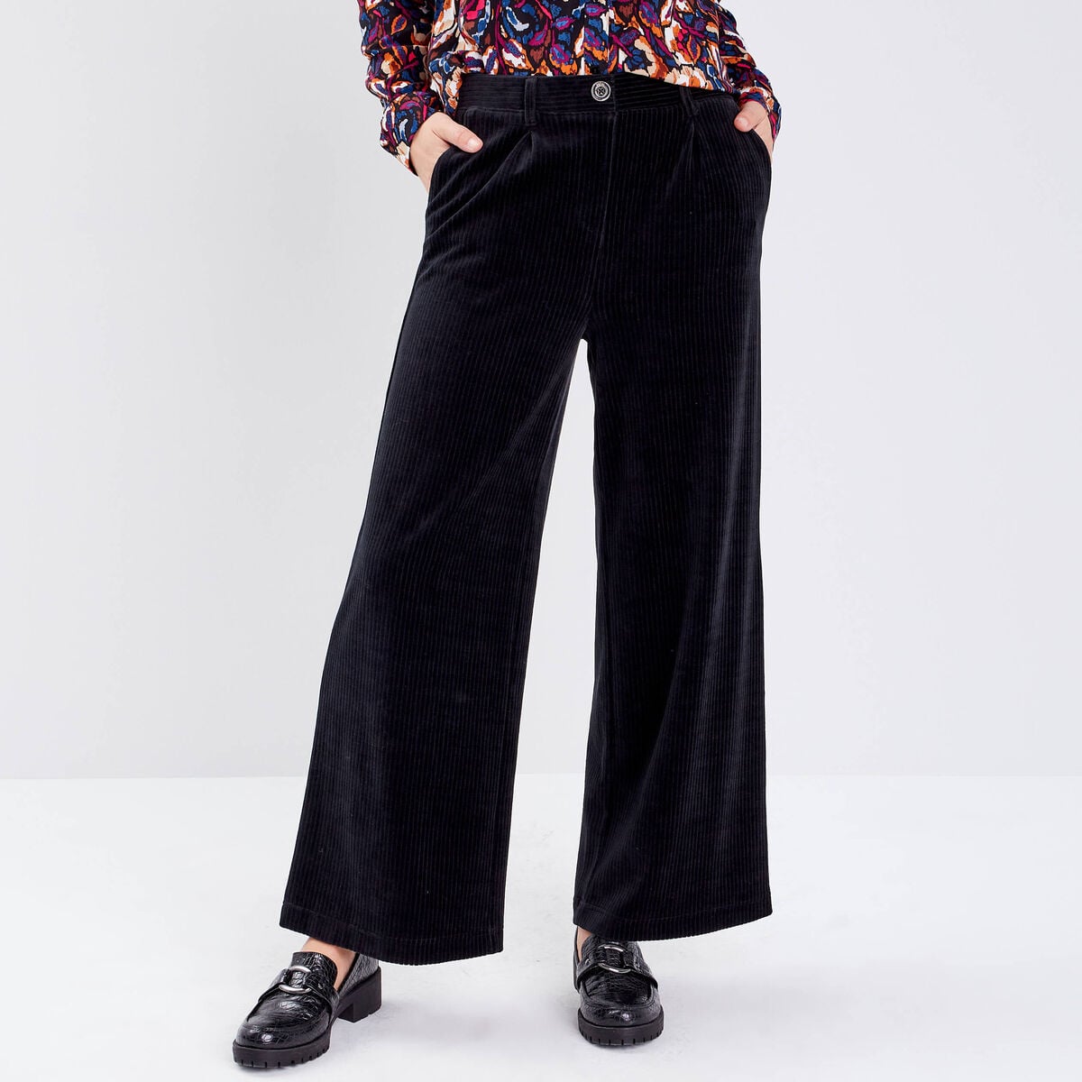 Pantalon large velours noir femme