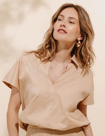 Blouse ample col chemise manches courtes beige femme
