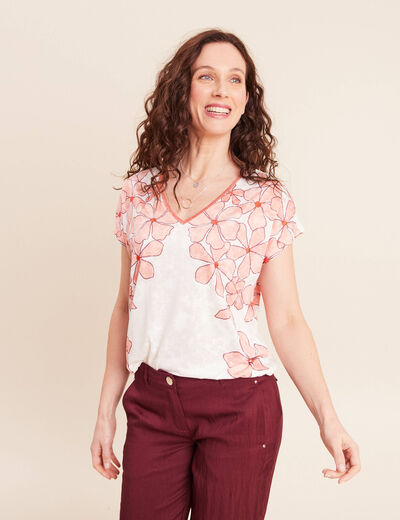 T-shirt col v manches courtes ecru femme