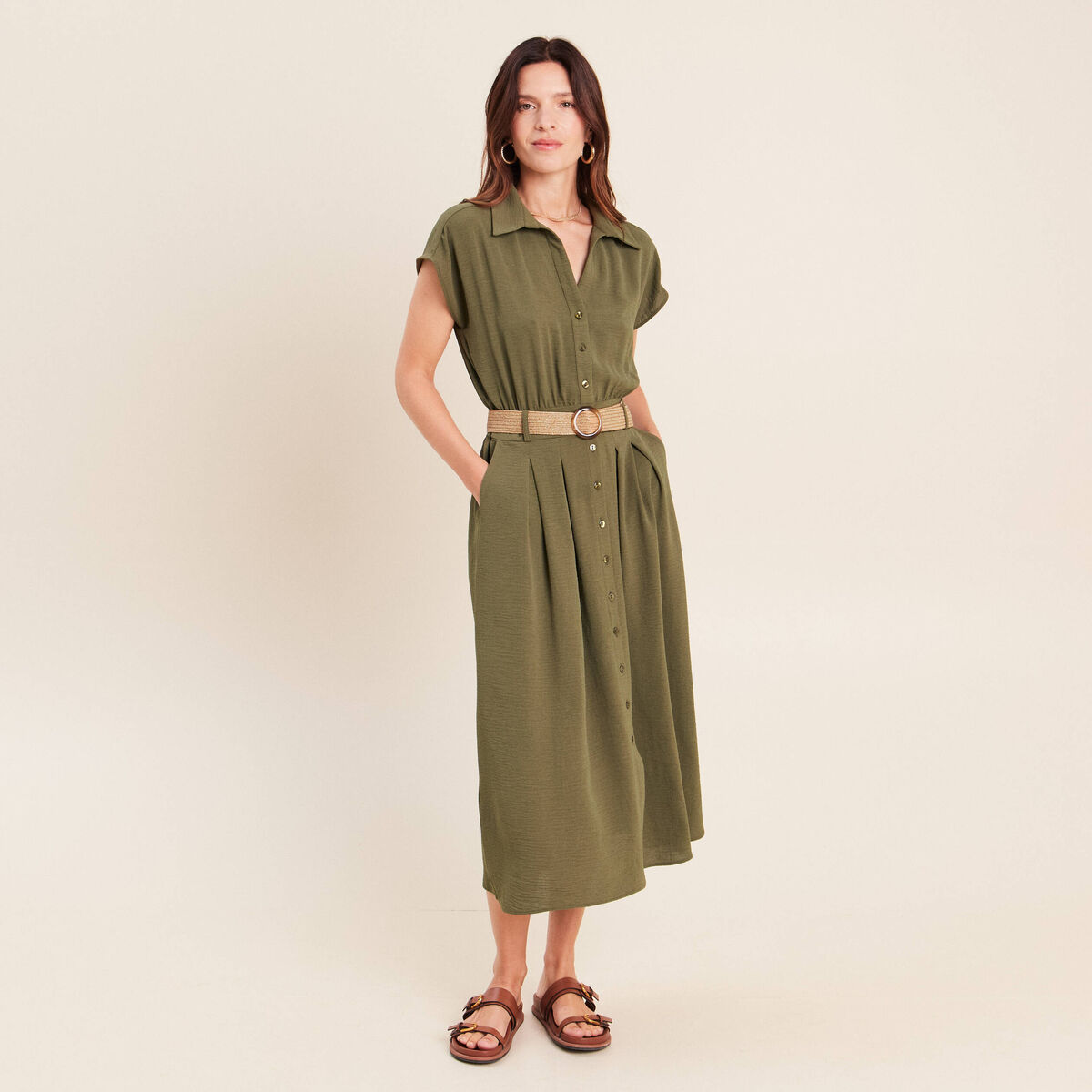 Robe patineuse 3/4 col chemise vert kaki femme