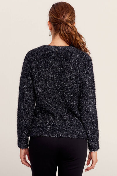 Pull manches longues col en V bleu marine femme