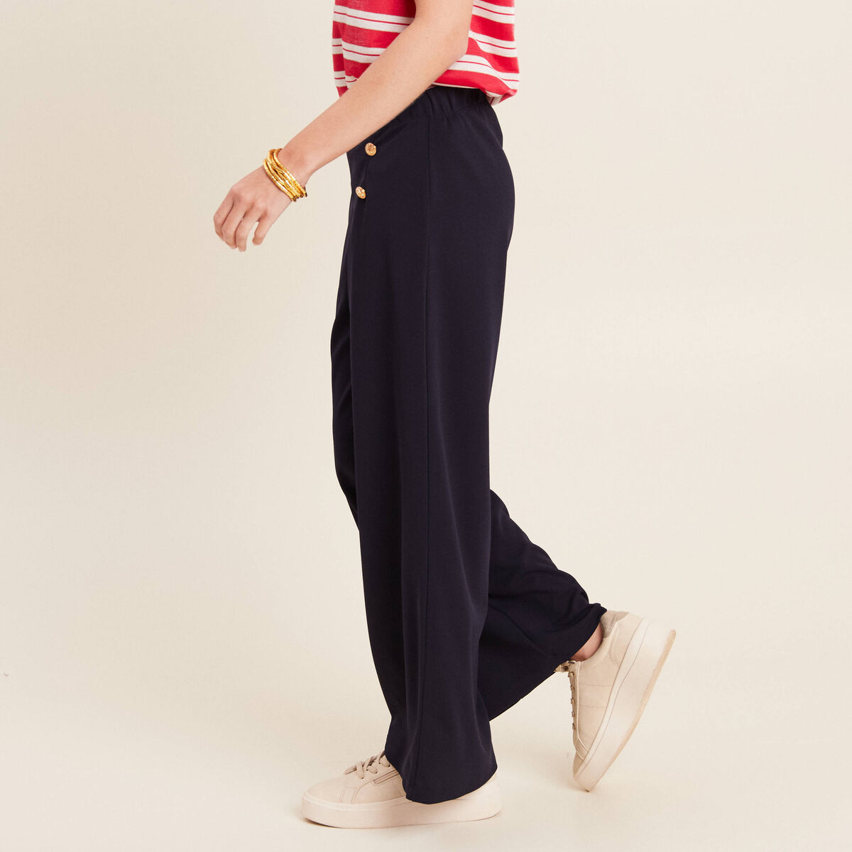Pantalon coupe large &agrave; pont bleu fonc&eacute; femme