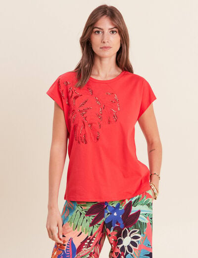T-shirt &agrave; sequins manches courtes rouge femme