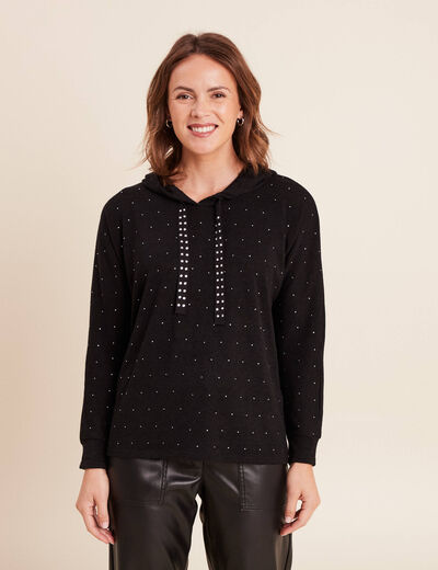 Sweat &agrave; capuche manches longues strass noir femme