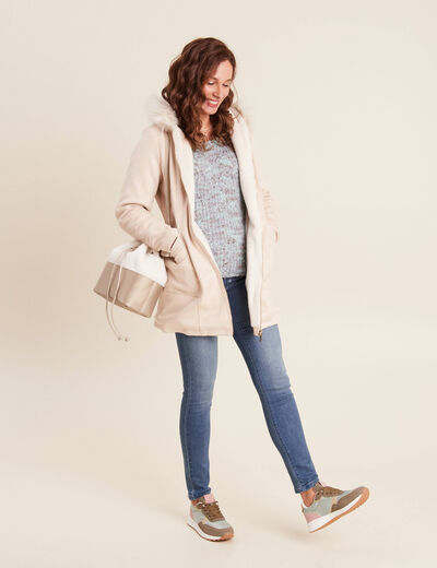 Manteau su&eacute;dine &agrave; capuche creme femme