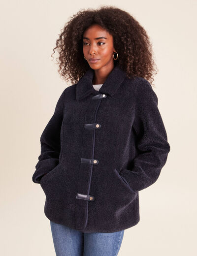 Manteau droit effet mouton bleu fonc&eacute; femme