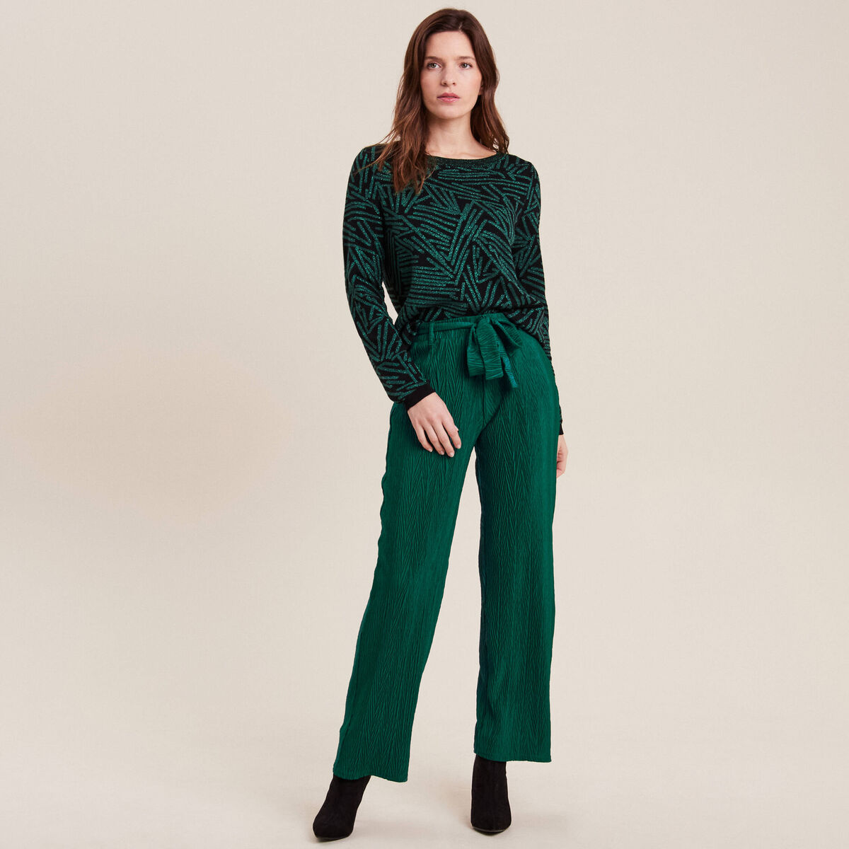Pantalon large ceinturé vert femme