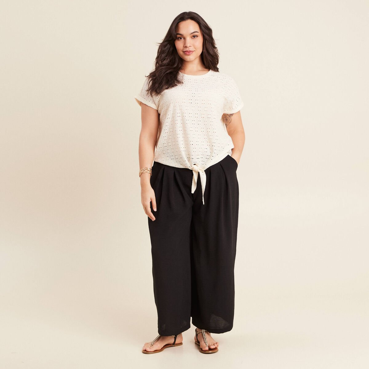 Blouse manches courtes nouée ecru femme