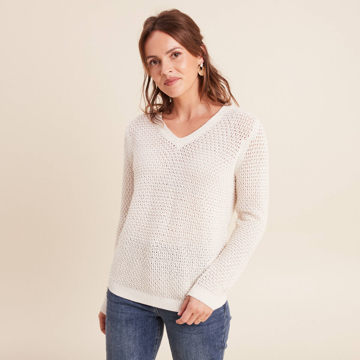 Pull manches longues col en V ecru femme