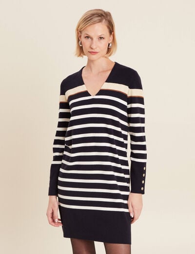 Robe tricot droite col en V bleu foncé femme