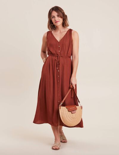 Robe midi évasée satin marron foncé femme