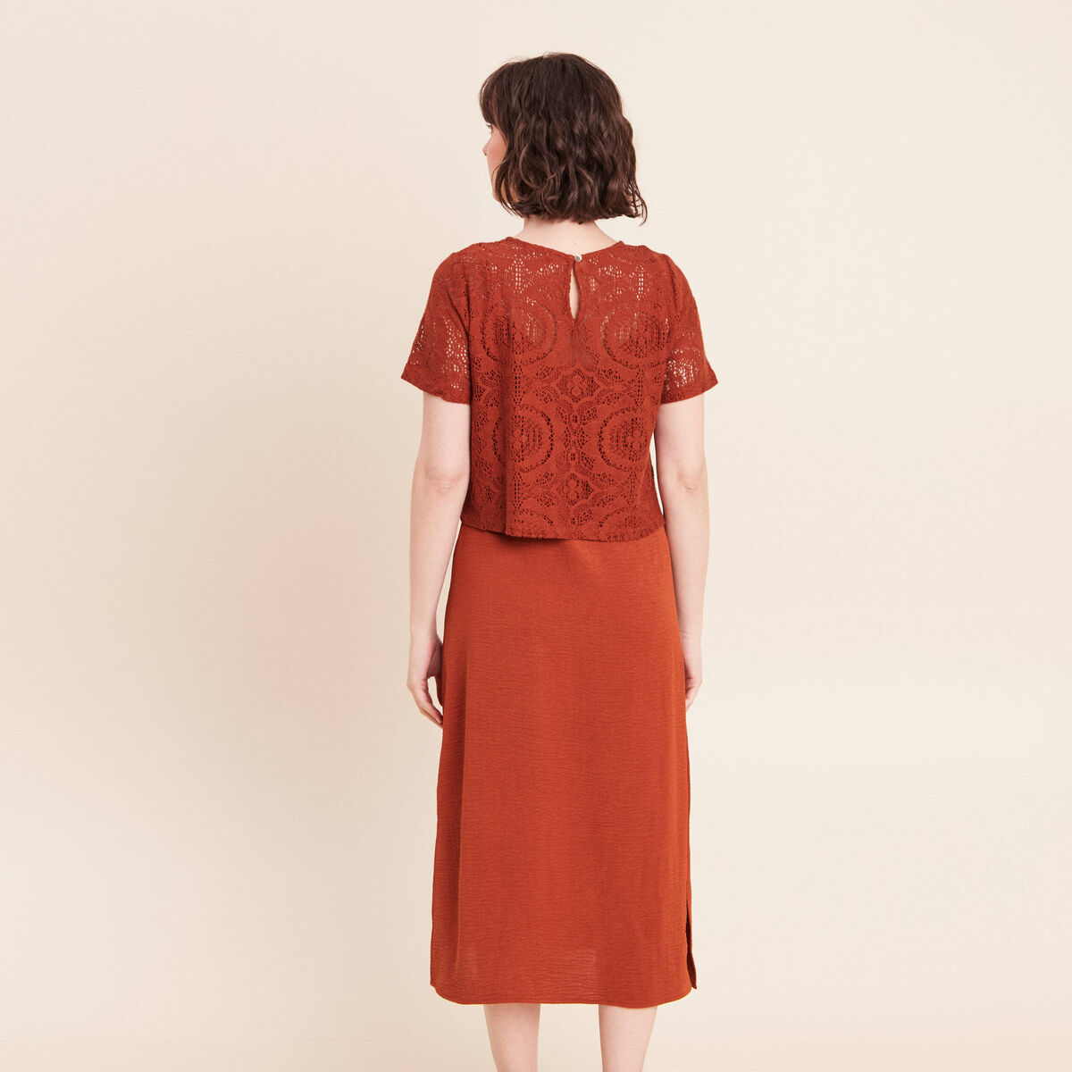 Robe 2 en 1 col rond marron fonc&eacute; femme