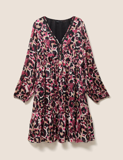 Robe courte &eacute;vas&eacute;e col v manches longues rose femme