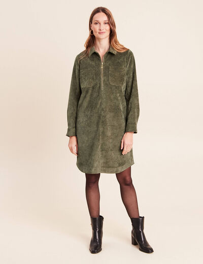Robe droite courte velours col chemise vert kaki femme
