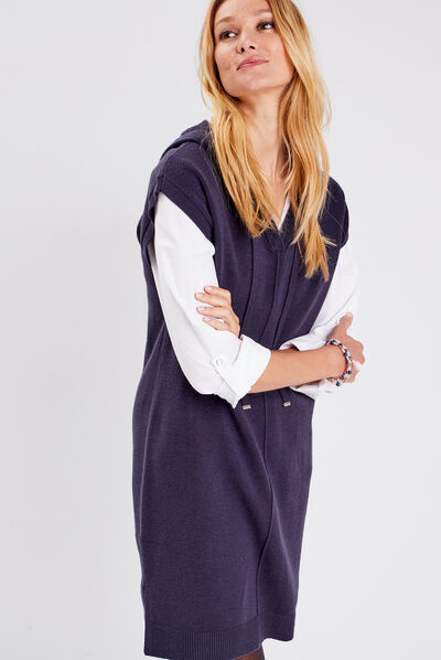 Robe pull droite avec capuche bleu foncé femme
