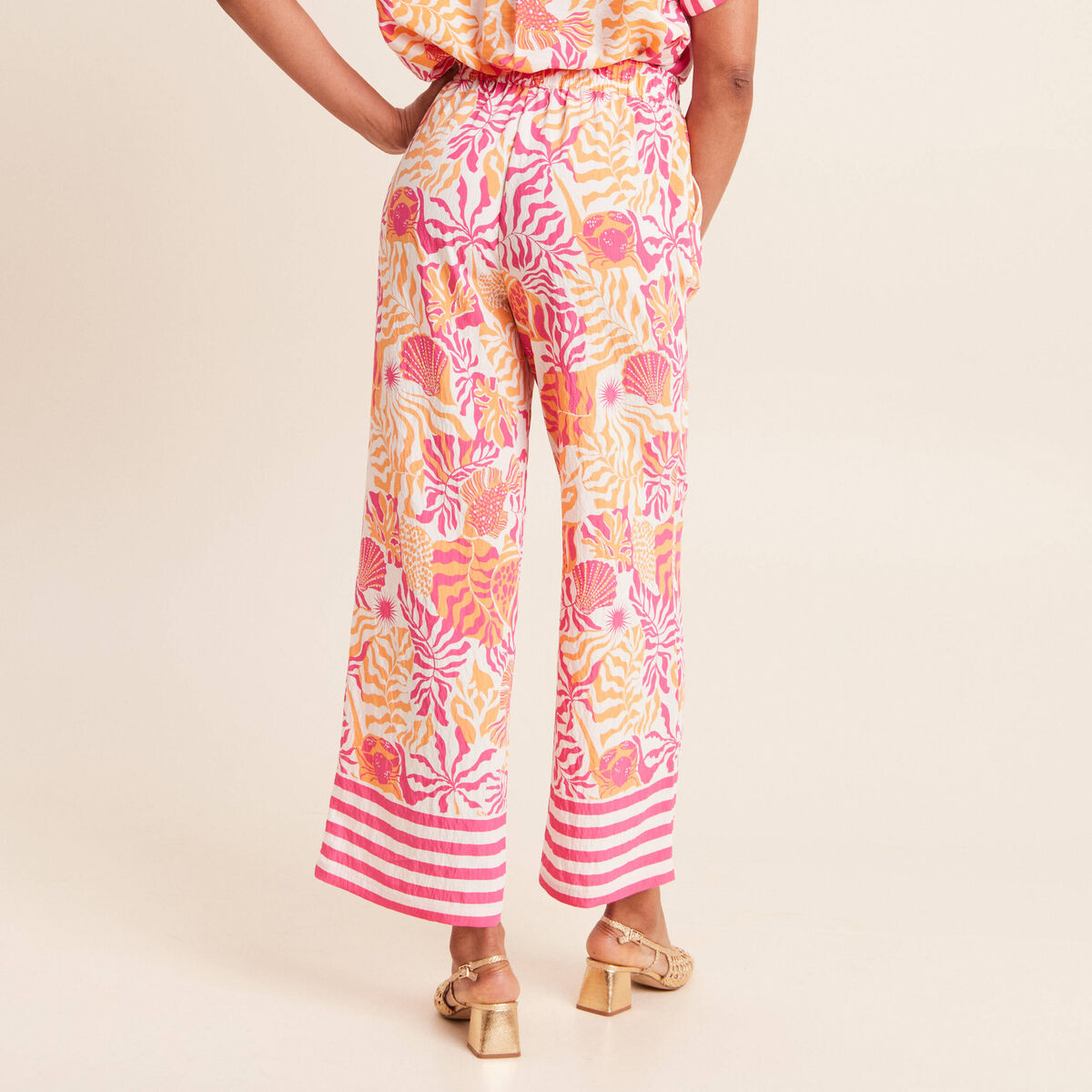 Pantalon fluide et large taille haute rose corail femme