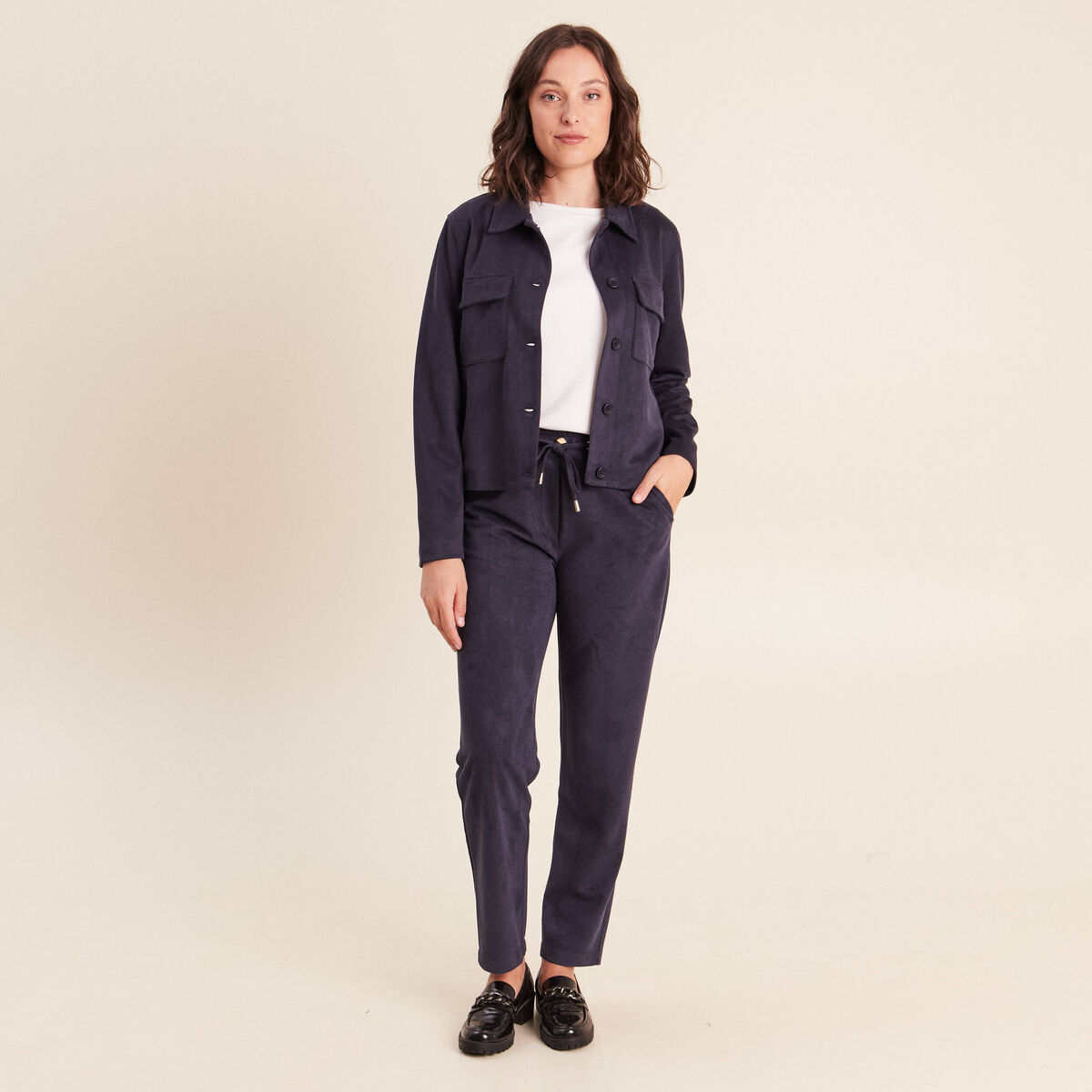 Jogging aspect daim bleu fonc&eacute; femme