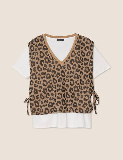 Pull 2 en 1 manches courtes marron femme