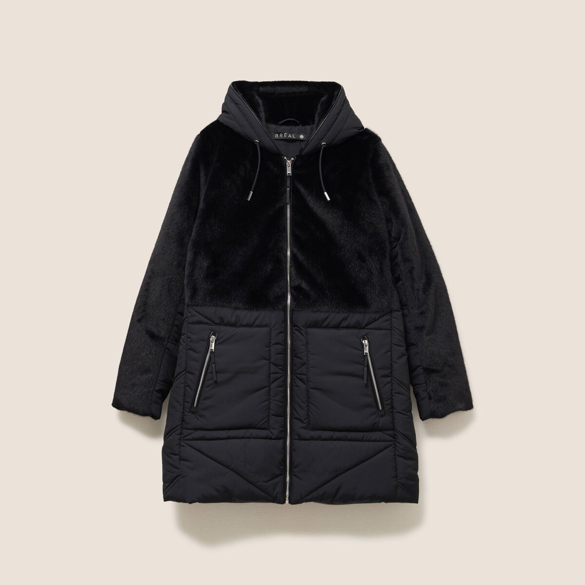 Manteau bi-mati&egrave;re cintr&eacute; mi-long noir femme
