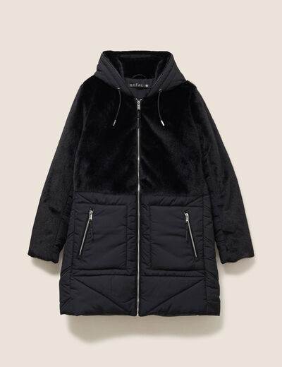 Manteau bi-mati&egrave;re cintr&eacute; mi-long noir femme