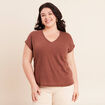 T-shirt col v manches courtes aspect lin marron fonc&eacute; femme
