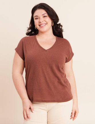 T-shirt col v manches courtes aspect lin marron fonc&eacute; femme