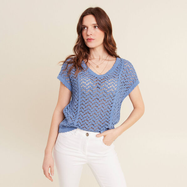 pull manches courtes ajoure bleu ciel femme Pull manches courtes ajouré bleu ciel femme