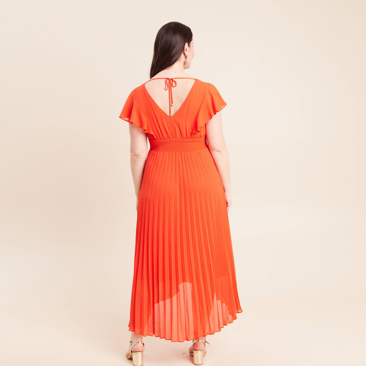Robe longue &eacute;vas&eacute;e &agrave; volants orange fonc&eacute; femme