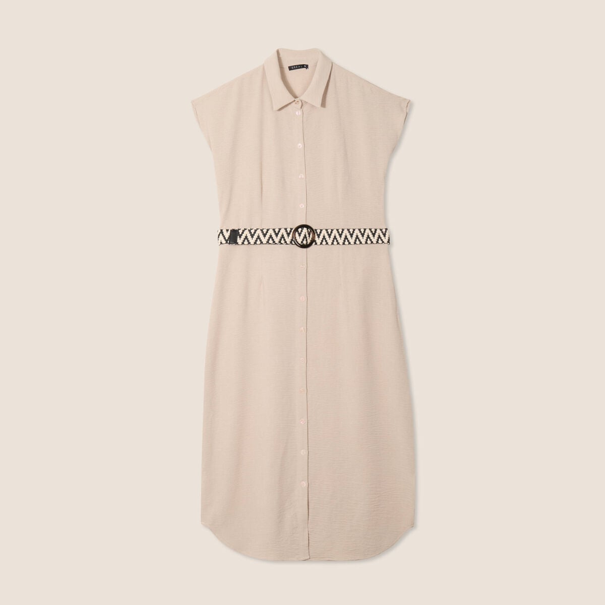 Robe chemise droite ceintur&eacute;e sable femme