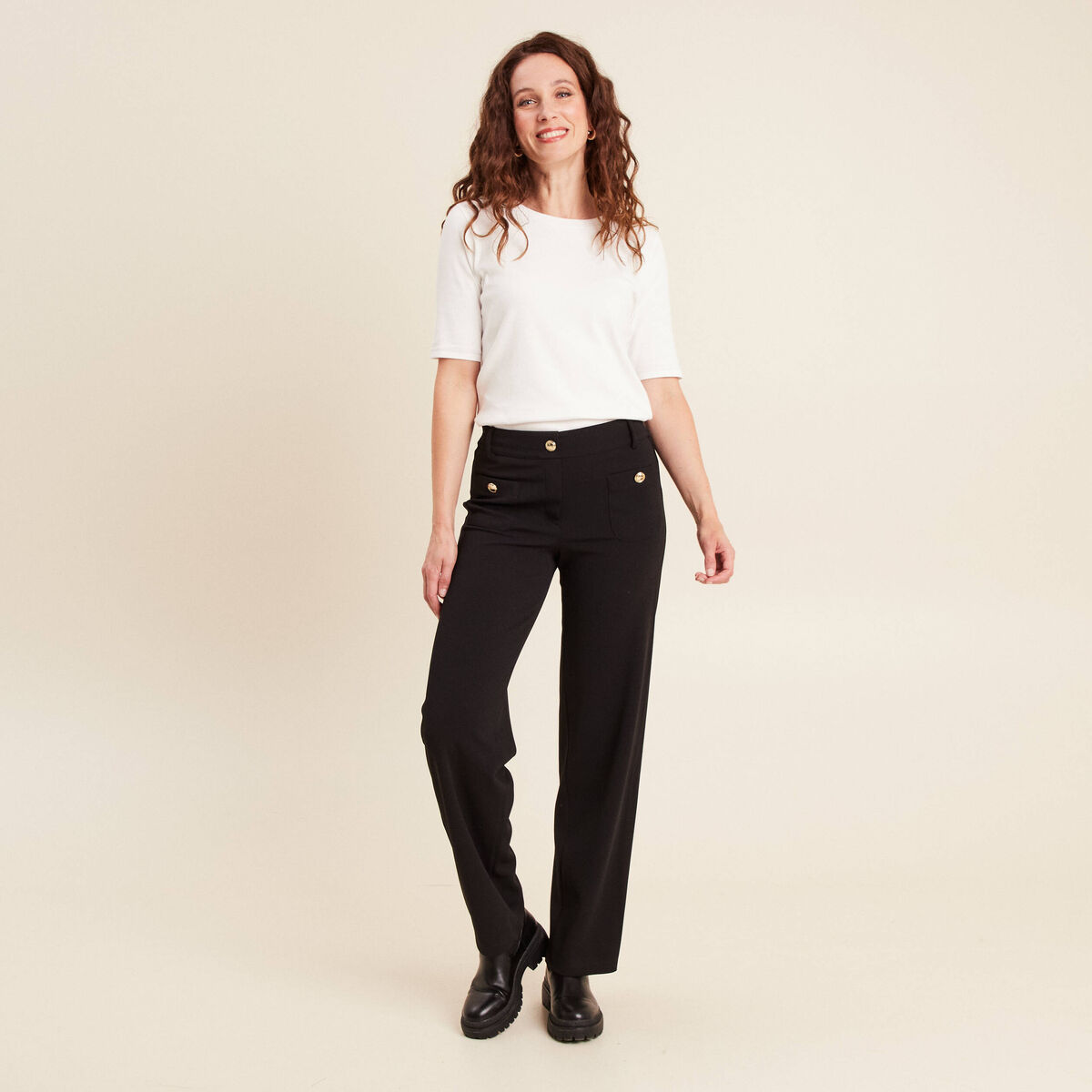 Pantalon droit taille haute noir femme