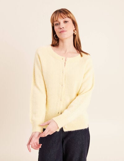 Gilet manches longues col rond jaune pastel femme
