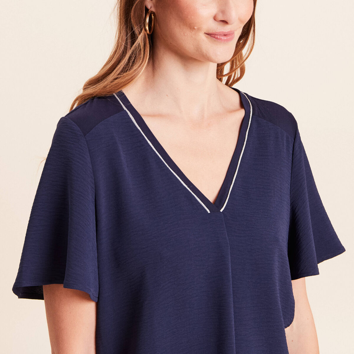 T-shirt bi-mati&egrave;re manches courtes bleu marine femme