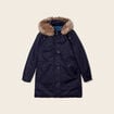 Parka cintr&eacute;e capuche fourrure bleu fonc&eacute; femme