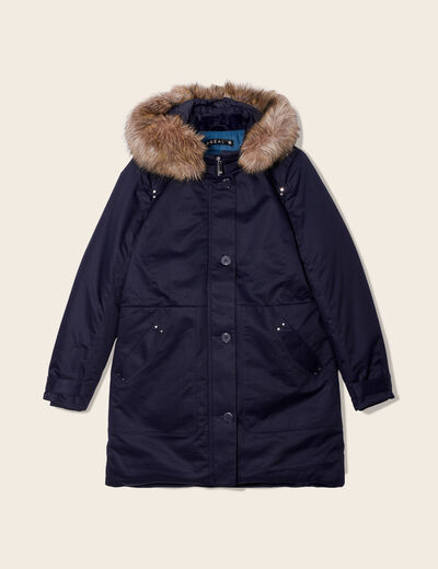 Parka cintrée capuche fourrure bleu foncé femme