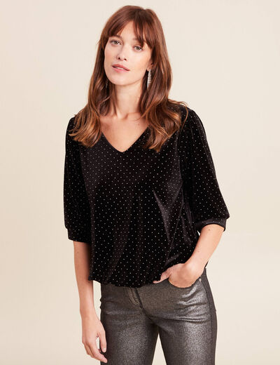 T-shirt velours col v manches 3/4 strass noir femme