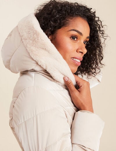 Doudoune mi-longue &agrave; capuche beige femme
