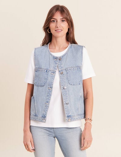 Veste cintr&eacute;e sans manches en jean denim double stone femme