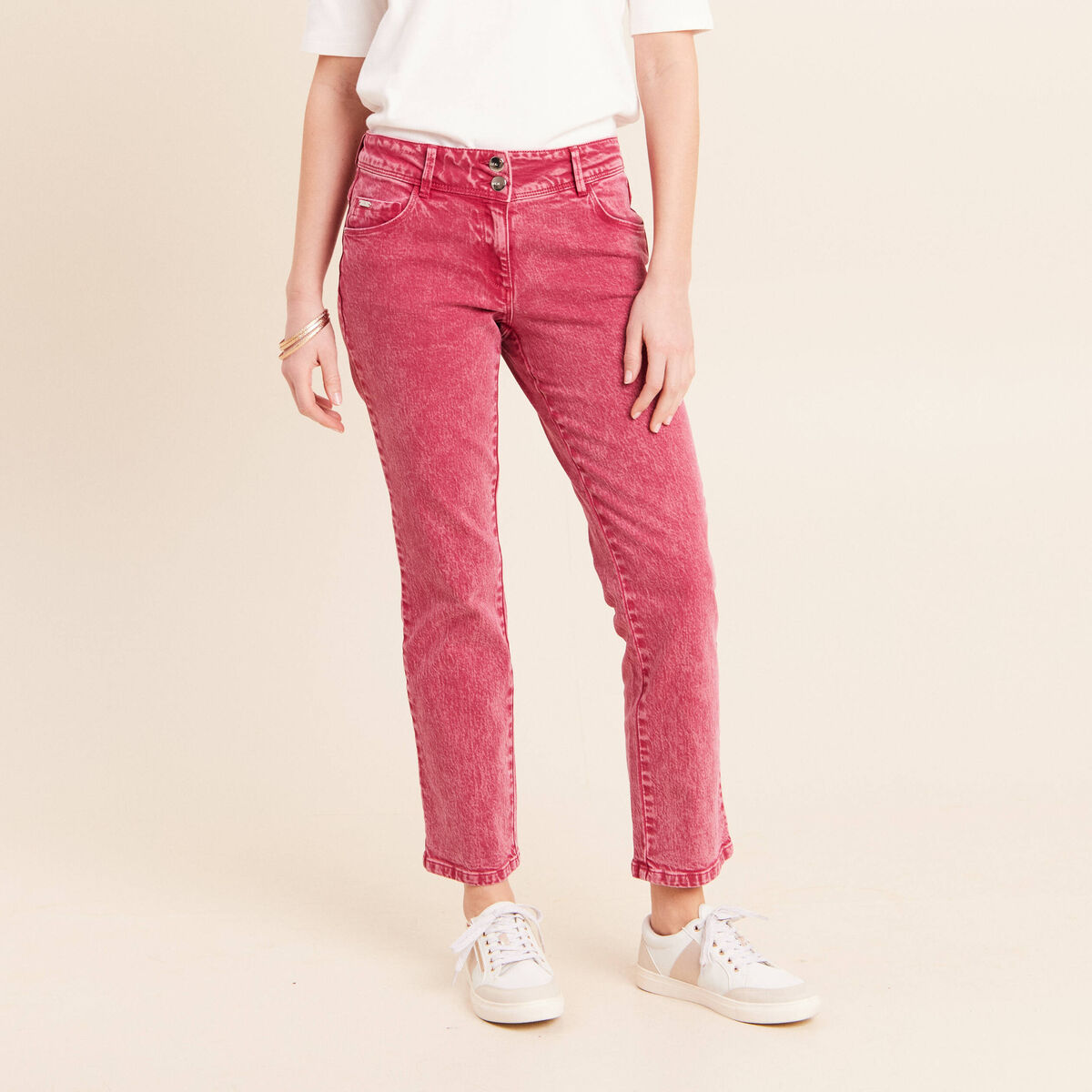 Jean coupe droite taille bascul&eacute;e rose fushia femme